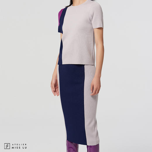 【马赛克黄昏】AtelierMissLu设计师拼色绵羊毛修身高弹半裙 商品图1