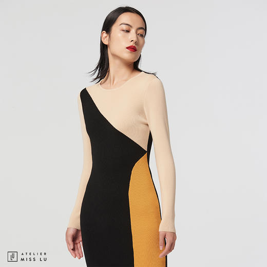 [跳跃戏法]AtelierMissLu趣味设计几何撞色绵羊毛修身高弹连衣裙 商品图1