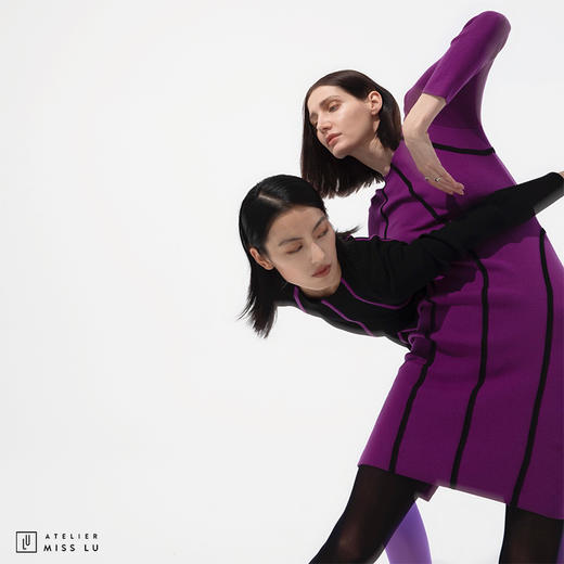 [提线玩偶]AtelierMissLu心机线条芍药紫撞色羊毛修身高弹连衣裙 商品图2