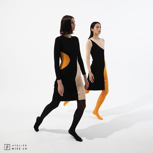 [形状意志]AtelierMissLu趣味设计几何撞色绵羊毛修身高弹连衣裙 商品图2