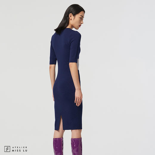 【大叉不差】AtelierMissLu玩味交叉结藏蓝绵羊毛修身高弹连衣裙 商品图1
