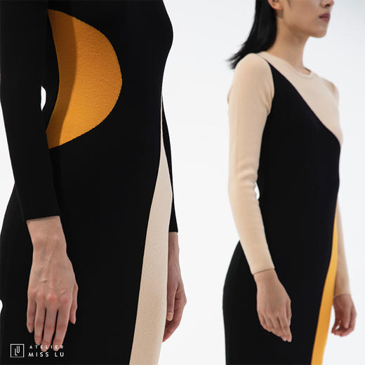 [形状意志]AtelierMissLu趣味设计几何撞色绵羊毛修身高弹连衣裙 商品图3