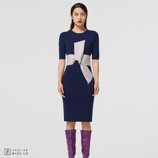 【大叉不差】AtelierMissLu玩味交叉结藏蓝绵羊毛修身高弹连衣裙 商品图0