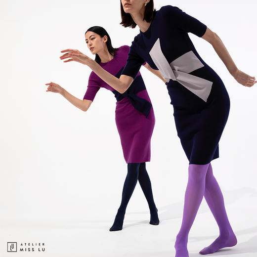 【大叉不差】AtelierMissLu玩味交叉结藏蓝绵羊毛修身高弹连衣裙 商品图3