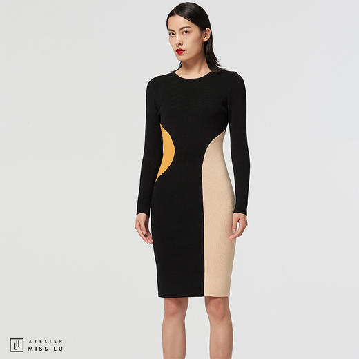 [形状意志]AtelierMissLu趣味设计几何撞色绵羊毛修身高弹连衣裙 商品图0