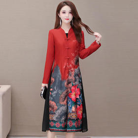 YWE-LA39秋季新款复古气质印花连衣裙两件套