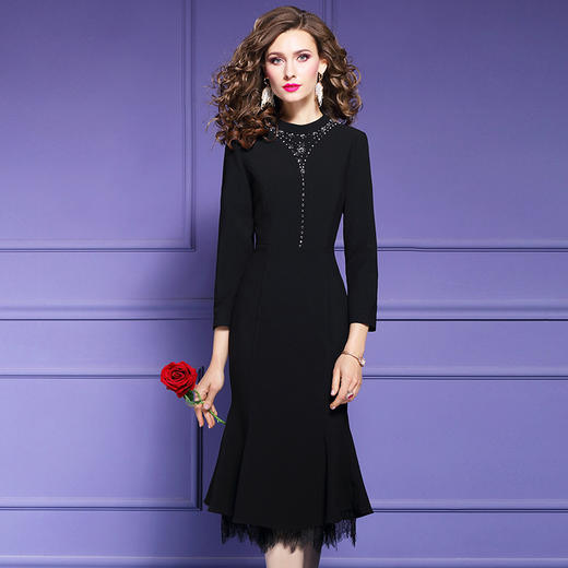 FMY-FX9DL28741气质连衣裙女2020秋冬名媛时尚简约修身中长款鱼尾裙 商品图0