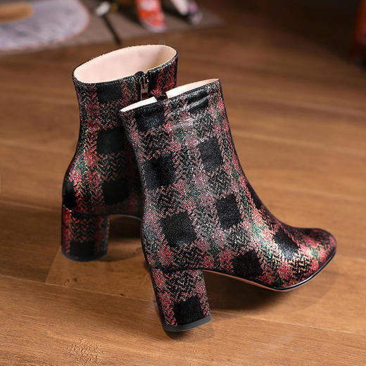 CD-X388-2C秋冬新款圆头粗跟格子短靴 商品图3