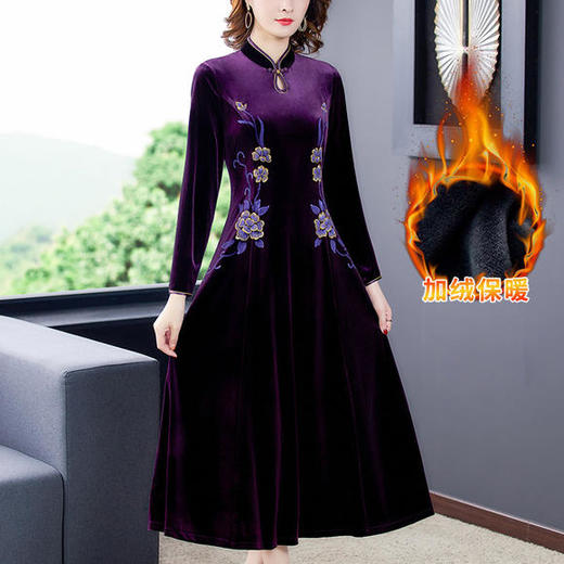 AHM-yq6667秋冬中年加绒红色丝绒连衣裙 商品图0