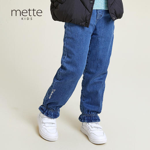 mette儿童裤子冬季新款中大童女加厚加绒牛仔裤宽松休闲水洗长裤 商品图0