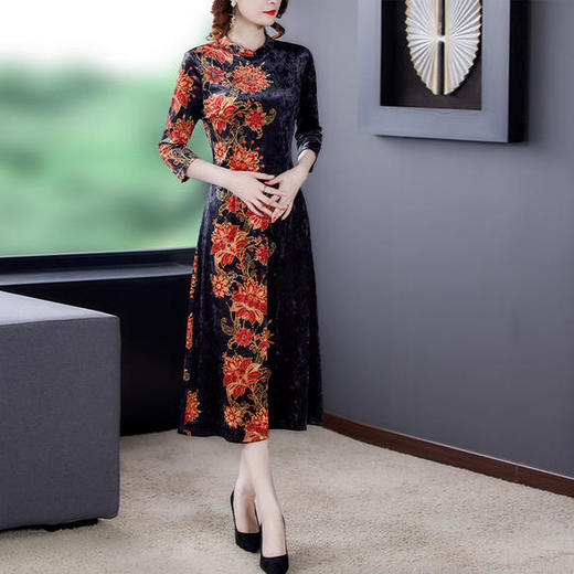 AHM-hzj2090秋季新款高贵气质修身显瘦印花金丝绒旗袍裙 商品图3