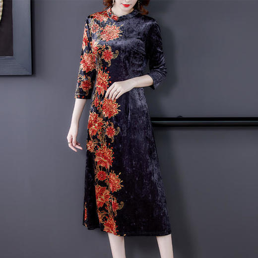 AHM-hzj2090秋季新款高贵气质修身显瘦印花金丝绒旗袍裙 商品图2