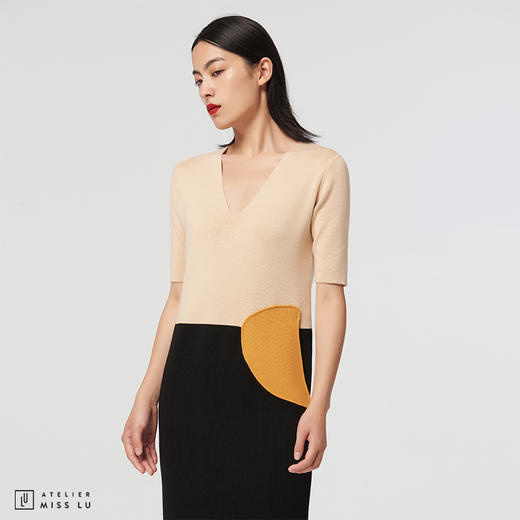 [半颗荷包蛋]AtelierMissLu趣味设计口袋三拼色绵羊毛直筒连衣裙 商品图1