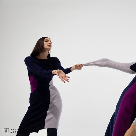 [形状意志]AtelierMissLu趣味设计几何撞色绵羊毛修身高弹连衣裙 商品图2