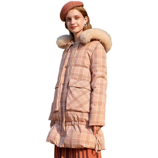 欧芮儿秋冬新款大毛领格子羽绒服女中长款外套 商品图4