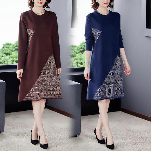 AHM-hfjr7162新款时尚优雅气质宽松圆领长袖针织连衣裙 商品图0