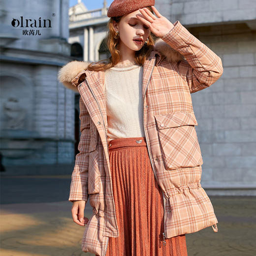 欧芮儿秋冬新款大毛领格子羽绒服女中长款外套 商品图0