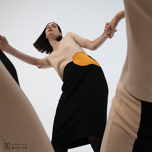 [半颗荷包蛋]AtelierMissLu趣味设计口袋三拼色绵羊毛直筒连衣裙 商品图2