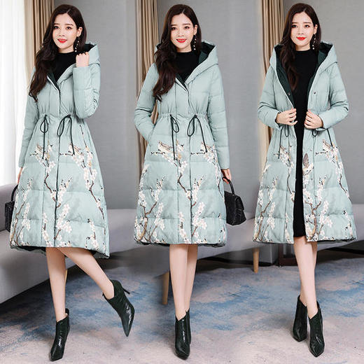 WZNH-HRYZ6917新款时尚气质修身百搭连帽中长款印花棉服 商品图0