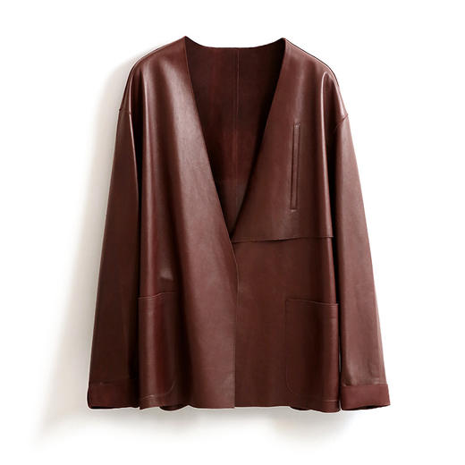 上海旗袍厂DX-2033长袖V领真皮皮衣秋冬新款法式慵懒气质显瘦百搭短款衣外套 商品图4