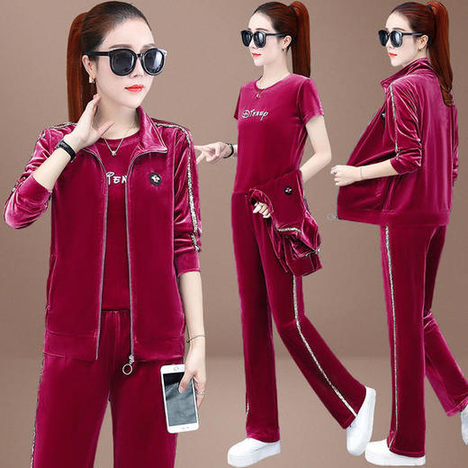 HT-1195休闲时尚显瘦金丝绒三件套运动套装 商品图0