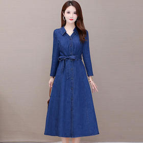 YWE-KED91332新款时尚气质修身翻领长袖中长款牛仔开衫式风衣裙