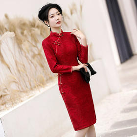 SKY-206298加厚蕾丝红改良中长款旗袍