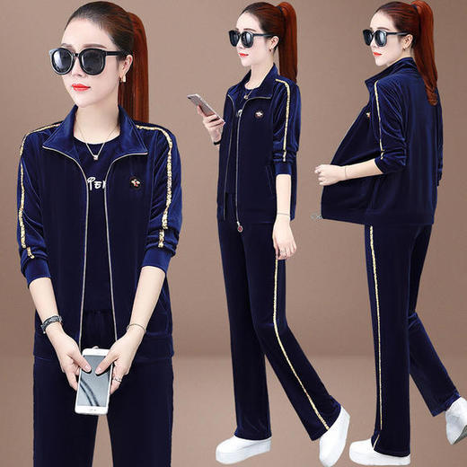 HT-1195休闲时尚显瘦金丝绒三件套运动套装 商品图1