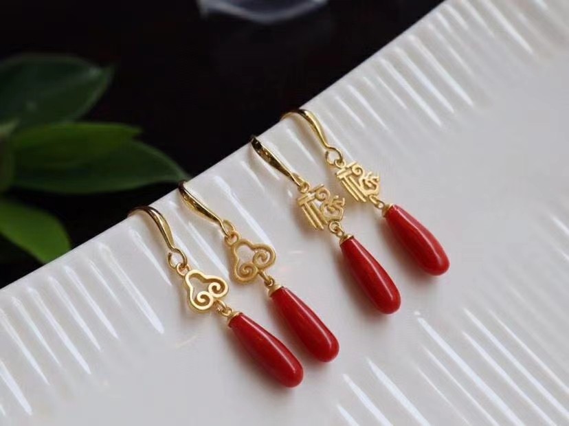 d63541 天然红珊瑚水滴耳环