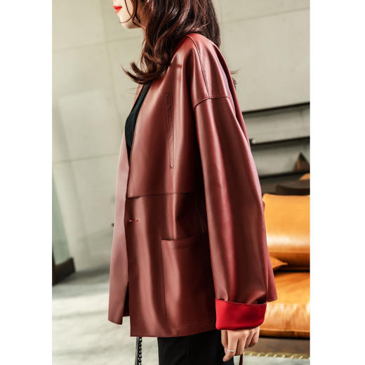 上海旗袍厂DX-2033长袖V领真皮皮衣秋冬新款法式慵懒气质显瘦百搭短款衣外套 商品图2