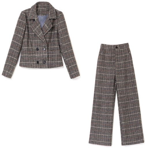 WZNH-LDB3736时尚格子毛呢上衣阔腿裤两件套 商品图4