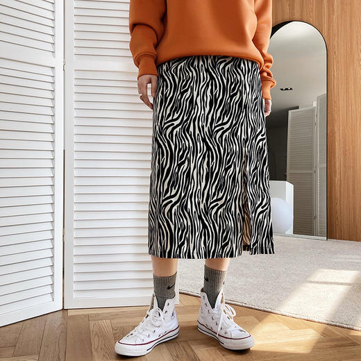 【斑马~斑马】时髦复古斑马纹半身裙 chic百搭 开叉中长裙 商品图1