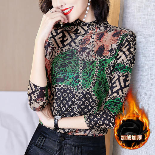 MZ-MZ7162秋冬季新款高领印花网纱加绒打底衫 商品图1