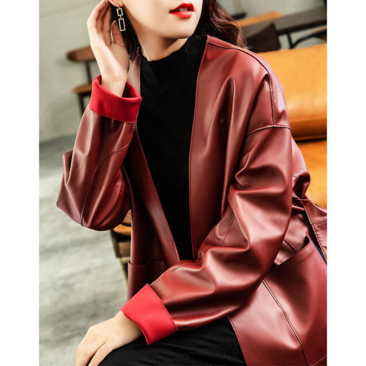 上海旗袍厂DX-2033长袖V领真皮皮衣秋冬新款法式慵懒气质显瘦百搭短款衣外套 商品图0