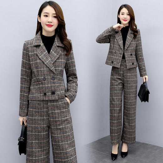 WZNH-LDB3736时尚格子毛呢上衣阔腿裤两件套 商品图1