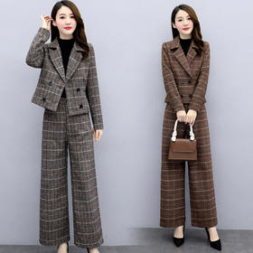 WZNH-LDB3736时尚格子毛呢上衣阔腿裤两件套