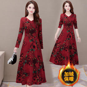 QYM-FL-20A699-Y新款时尚优雅气质修身加绒加厚印花连衣裙