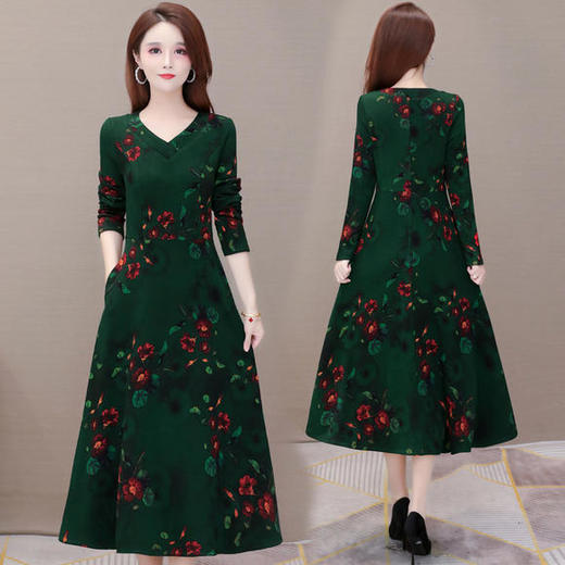 QYM-FL-20A699-Y新款时尚优雅气质修身加绒加厚印花连衣裙 商品图2