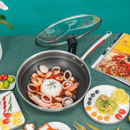 康巴赫 悦厨联名款 双面屏 蜂窝不粘炒锅32CM 316医用不锈钢 少油烟不粘锅  家用电磁炉燃气灶通用 商品图7