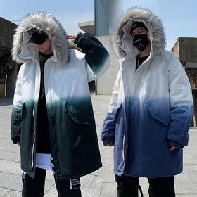 【男装】*国潮大毛领连帽棉衣男士韩版渐变色加厚棉服潮流外套