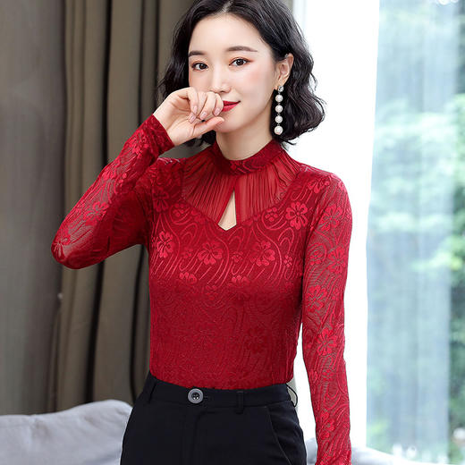 HM-2005蕾丝长袖打底衫女2020秋冬新款气质百搭女士修身网纱上衣 商品图2