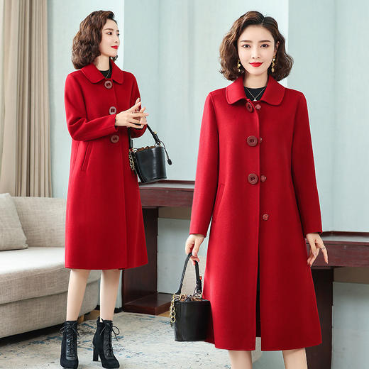 上海旗袍厂KQ-83807气质高品质羊毛双面呢大衣2020冬方领显瘦喜婆婆大红大码毛呢外套 商品图0