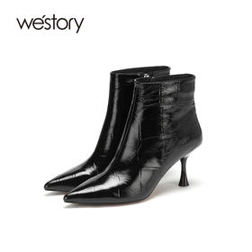 westory2020冬季新款短靴高跟细跟尖头女鞋瘦瘦靴W20DS80011