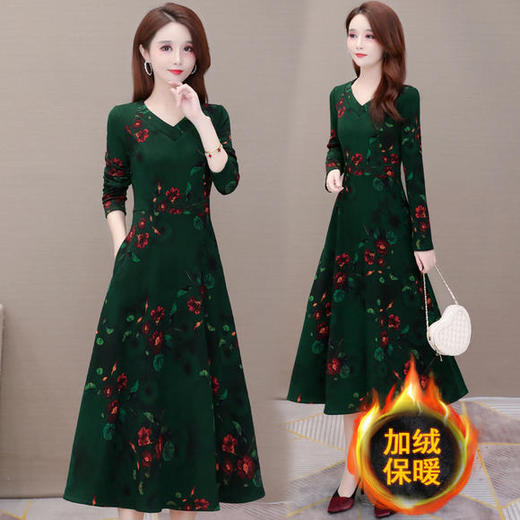 QYM-FL-20A699-Y新款时尚优雅气质修身加绒加厚印花连衣裙 商品图1