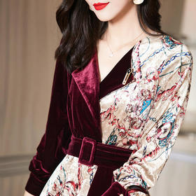 WLZD-2021403时髦优雅名媛丝绒拼接花纹连衣裙