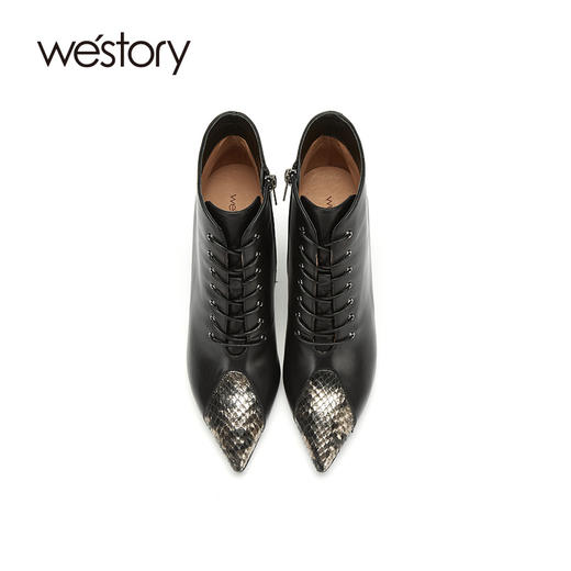 westory2020冬季新款真皮漆皮蛇纹系带中筒尖头细跟W20DS80351 商品图1