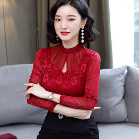 HM-2005蕾丝长袖打底衫女2020秋冬新款气质百搭女士修身网纱上衣