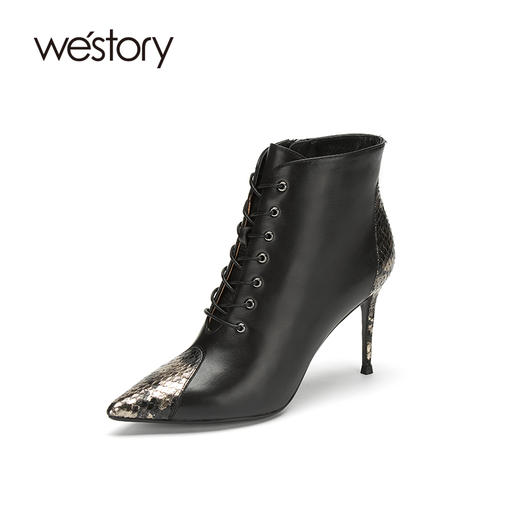 westory2020冬季新款真皮漆皮蛇纹系带中筒尖头细跟W20DS80351 商品图2