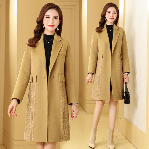 上海旗袍厂KQ-63871驼色双面羊绒大衣女中长款小个子修身时尚拼接中年冬季羊毛呢外套 商品图0