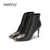 westory2020冬季新款真皮漆皮蛇纹系带中筒尖头细跟W20DS80351 商品缩略图0